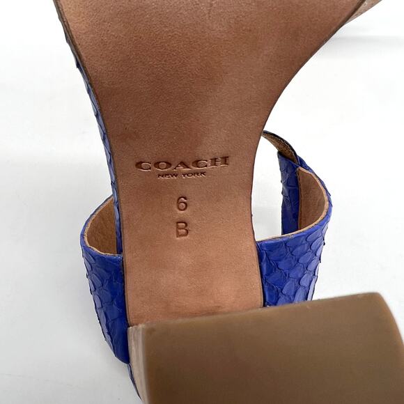 COACH Lexey Snake Embossed Leather Sandals 6 Cobalt Blue Stacked Block Heel - Picture 8 of 11
